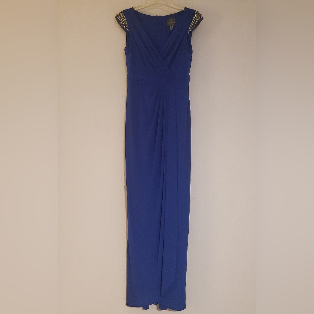 Adrianna Papell Royal Blue Beaded Cap-Sleeve Maxi Gown